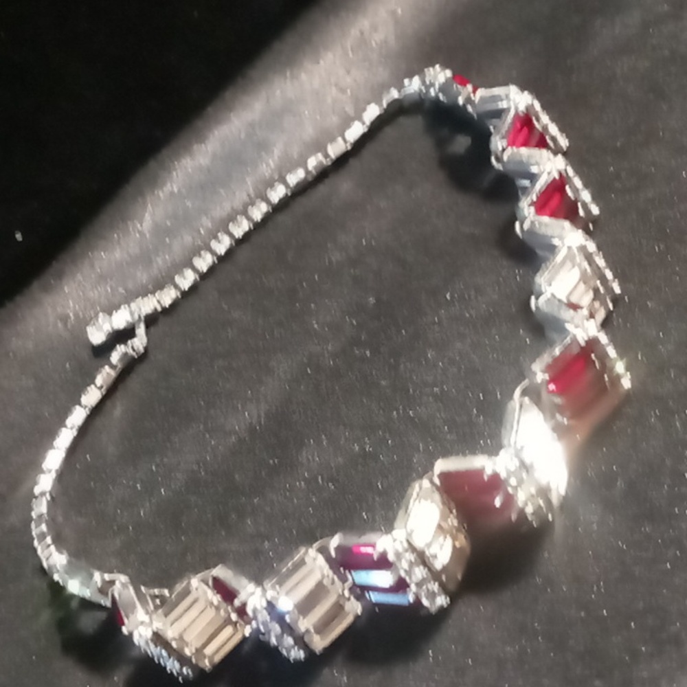 Weiss Vintage Red And Silver Bar Rhinestone Collar / Choker Necklace